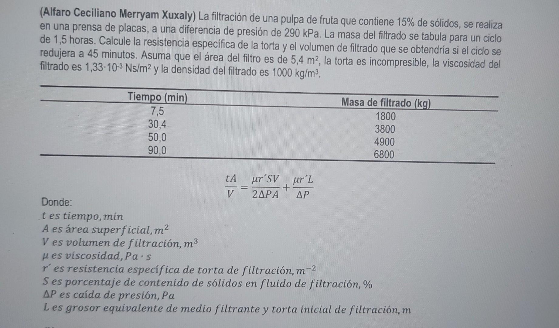 (Alfaro Ceciliano Merryam Xuxaly) La filtración de una pulpa de fruta que contiene \( 15 \% \) de sólidos, se realiza en una