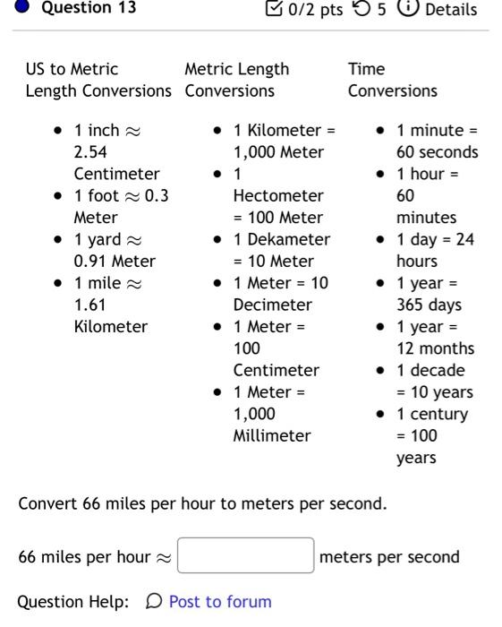 Solved Convert 66 miles per hour to meters per second. 66 | Chegg.com