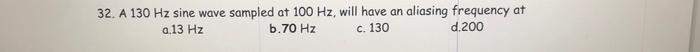 Solved 32. A 130 Hz sine wave sampled at 100 Hz, will have | Chegg.com