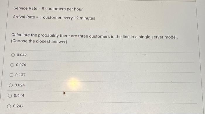 Solved Service Rate = 9 customers per hour Arrival Rate = 1 | Chegg.com