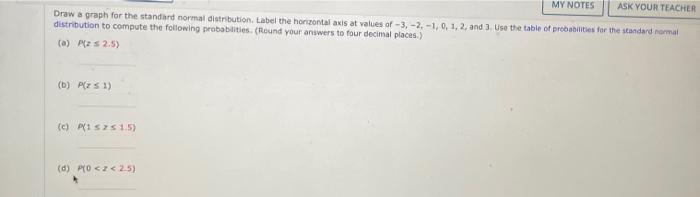 Draw a graph for the standard normal distribution, Label the horizontal axis at values of \( -3,-2,-1,0,1,2 \), and 3 , Use t