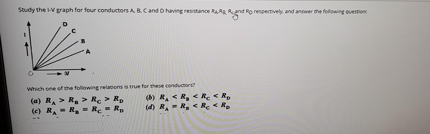 Solved Study the I-V graph for four conductors A. B. C and D | Chegg.com