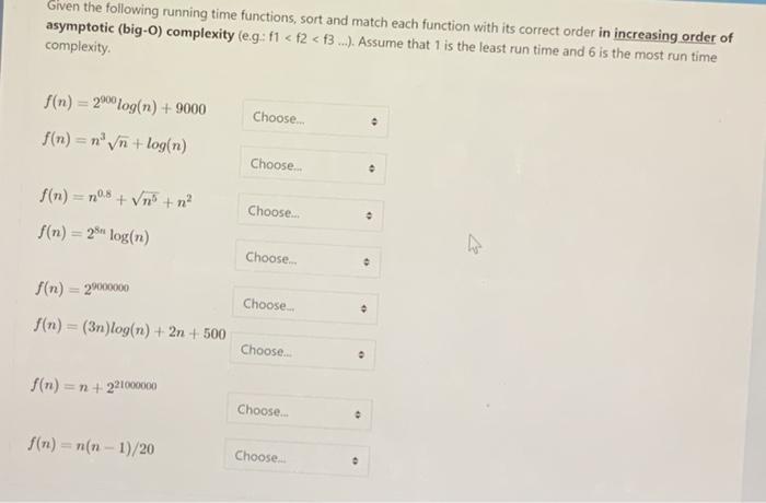 Solved Given The Following Running Time Functions Sort And