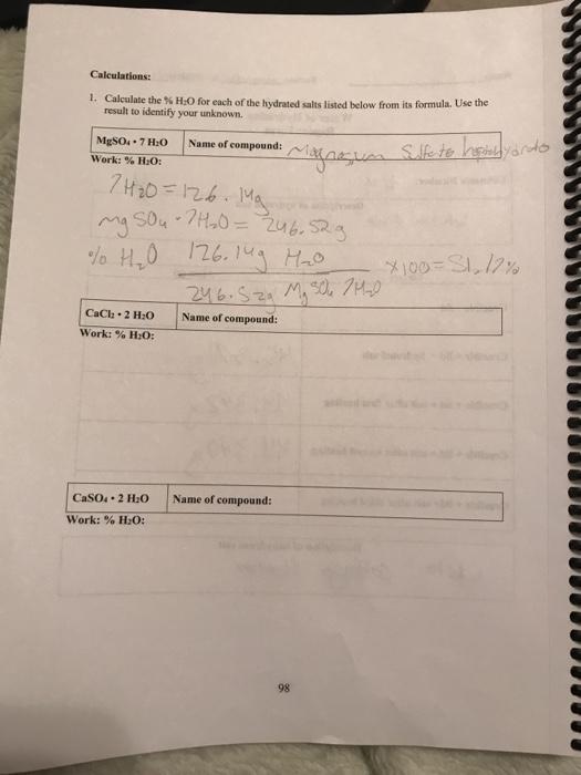 Solved Calculations 1. Calculate the % H:0 for each of the | Chegg.com
