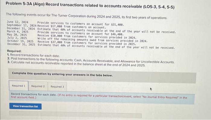 Solved Problem 5-3A (Algo) Record transactions related to | Chegg.com