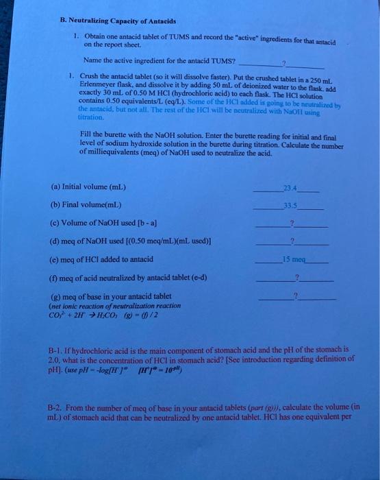 Solved Acid, Bases and Antacids Experiment 8 Data & Report