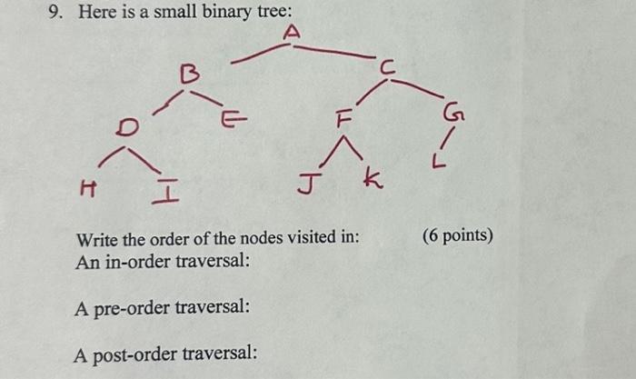 Solved 9. Here is a small binary tree: Write the order of | Chegg.com