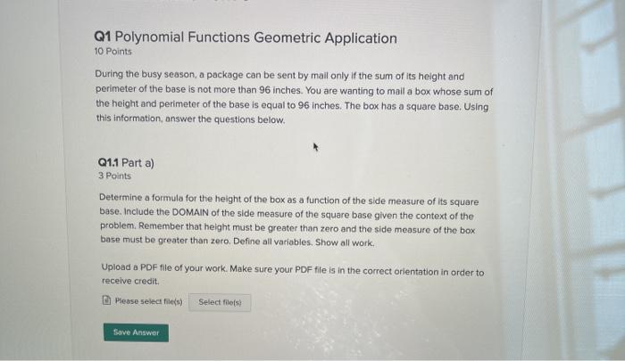 Solved Q1 Polynomial Functions Geometric Application 10 | Chegg.com