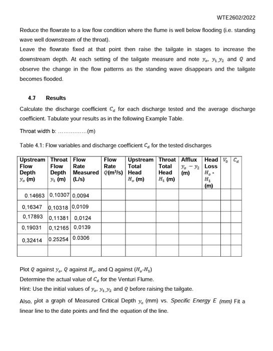 WTE2602/2022
Reduce the flowrate to a low flow condition where the flume is well below flooding (i.e. standing
wave well down