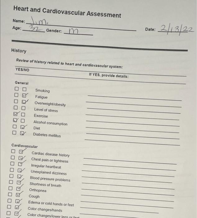 Heart and Cardiovascular Assessment Date: Name AM | Chegg.com