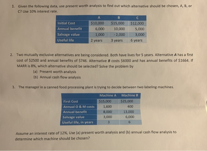 Solved 1. Given The Following Data, Use Present Worth | Chegg.com