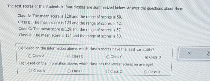 Solved The test scores of the students in four classes are | Chegg.com