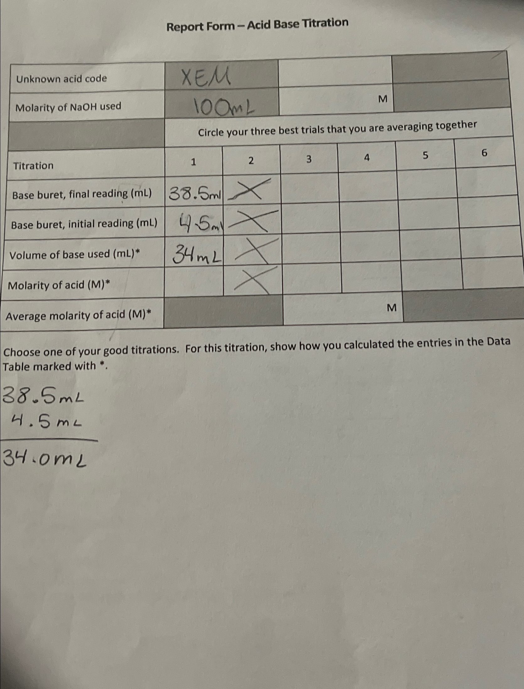 Report Form - ﻿Acid Base TitrationChoose one of your | Chegg.com