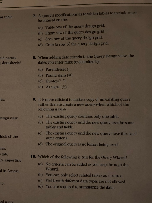 Solved for table 7. A query s specifications as to which Chegg