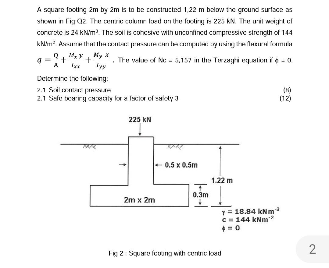 Solved A Square Footing 2 M By 2 M Is To Be Constructed 1,22 | Chegg.com