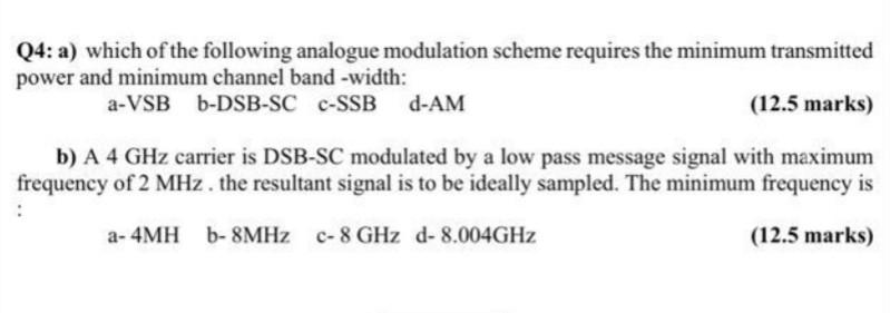 Solved Q4: a) which of the following analogue modulation | Chegg.com