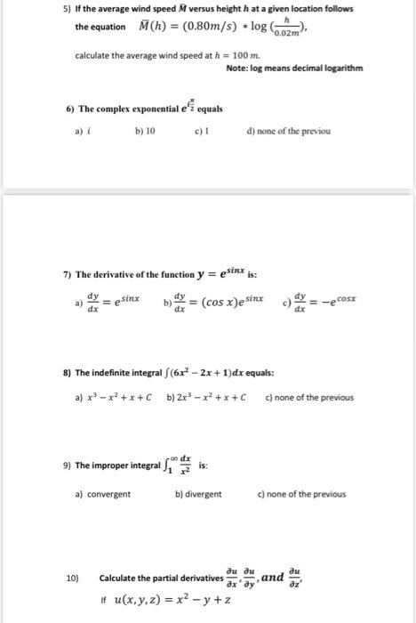 Solved 5) If the average wind speed M versus height h at a | Chegg.com