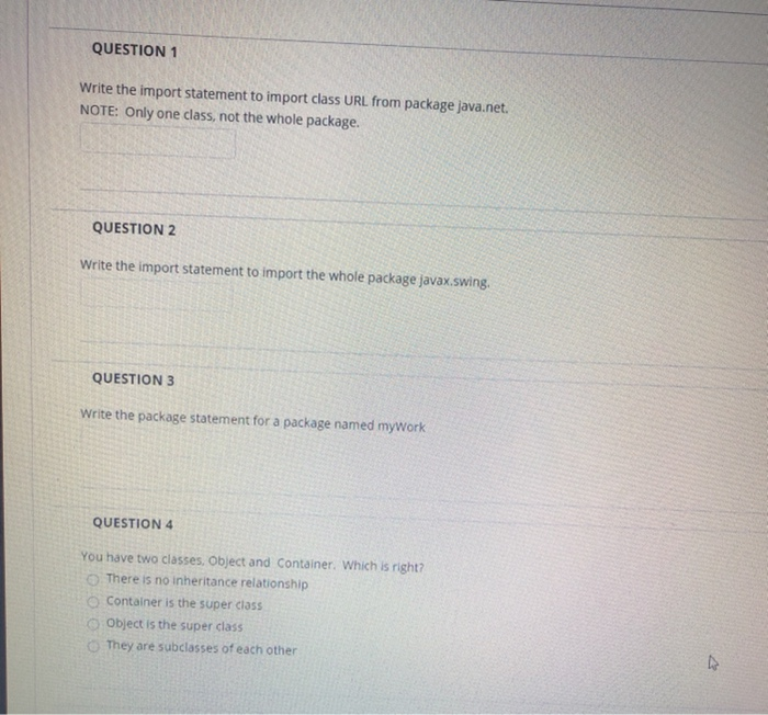 Solved QUESTION 1 Write the import statement to import class | Chegg.com