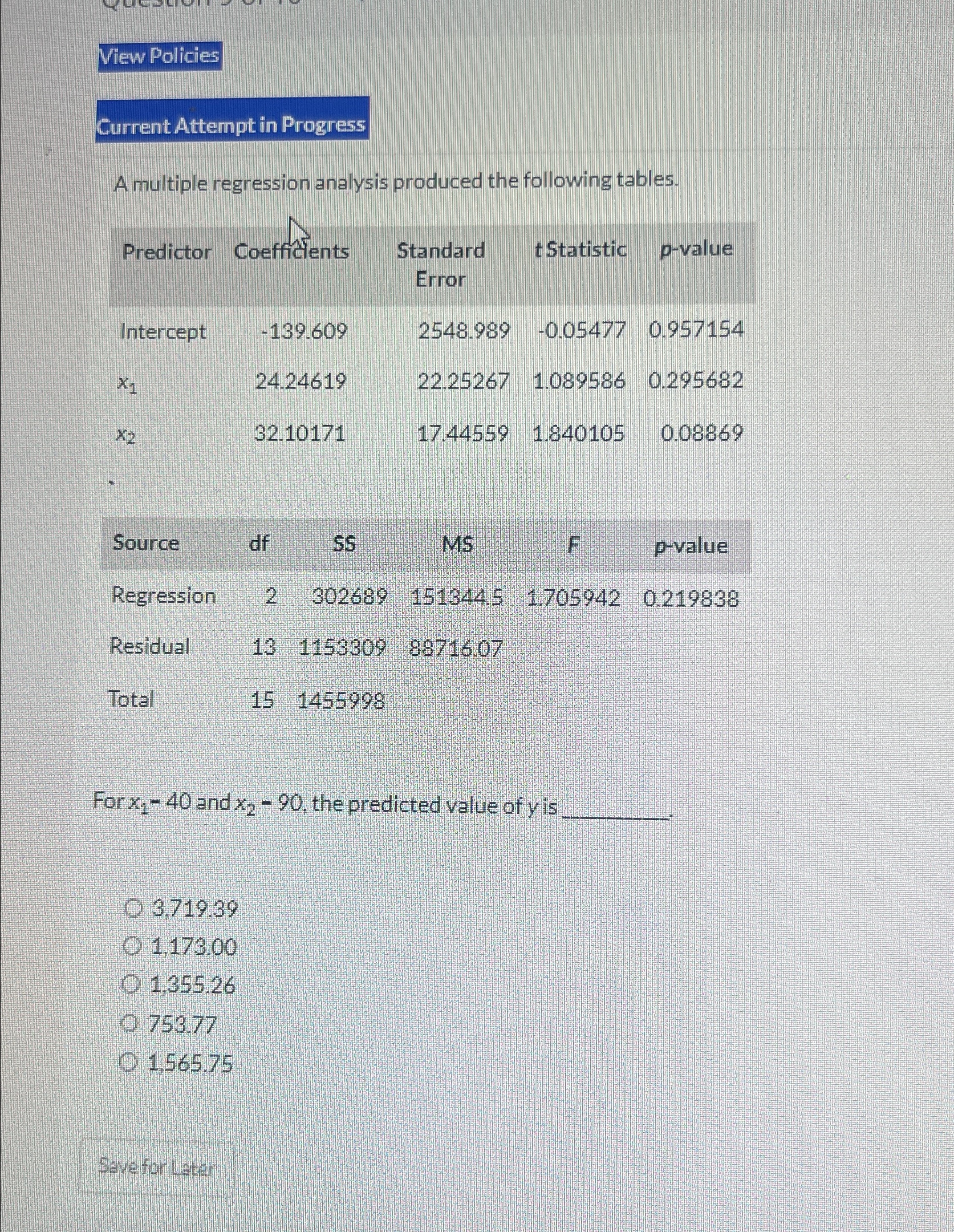 Solved View PoliciesA multiple regression analysis produced | Chegg.com