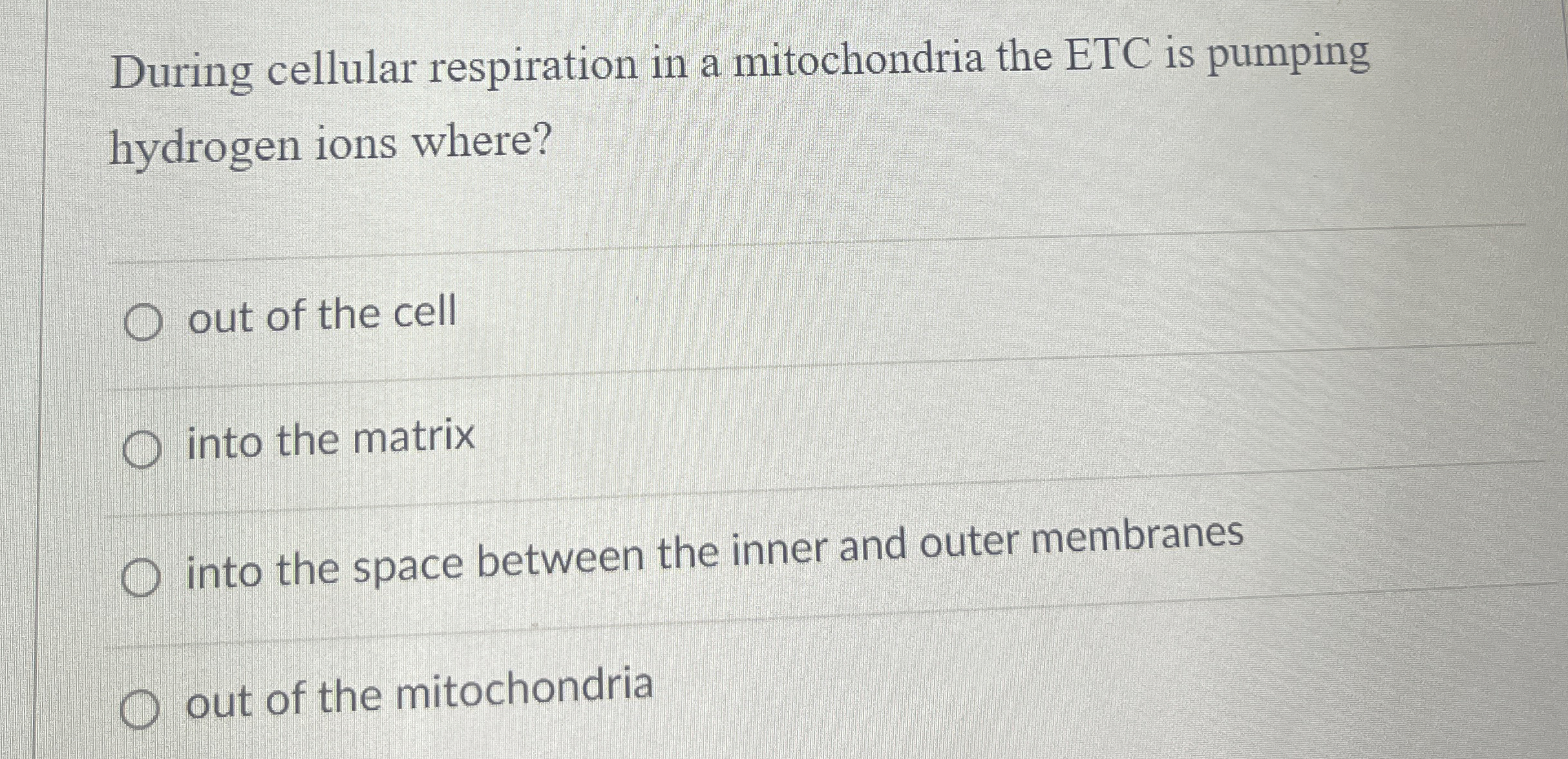 Solved During cellular respiration in a mitochondria the ETC | Chegg.com