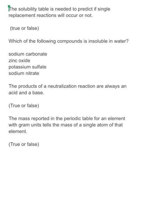 Solved The solubility table is needed to predict if single | Chegg.com