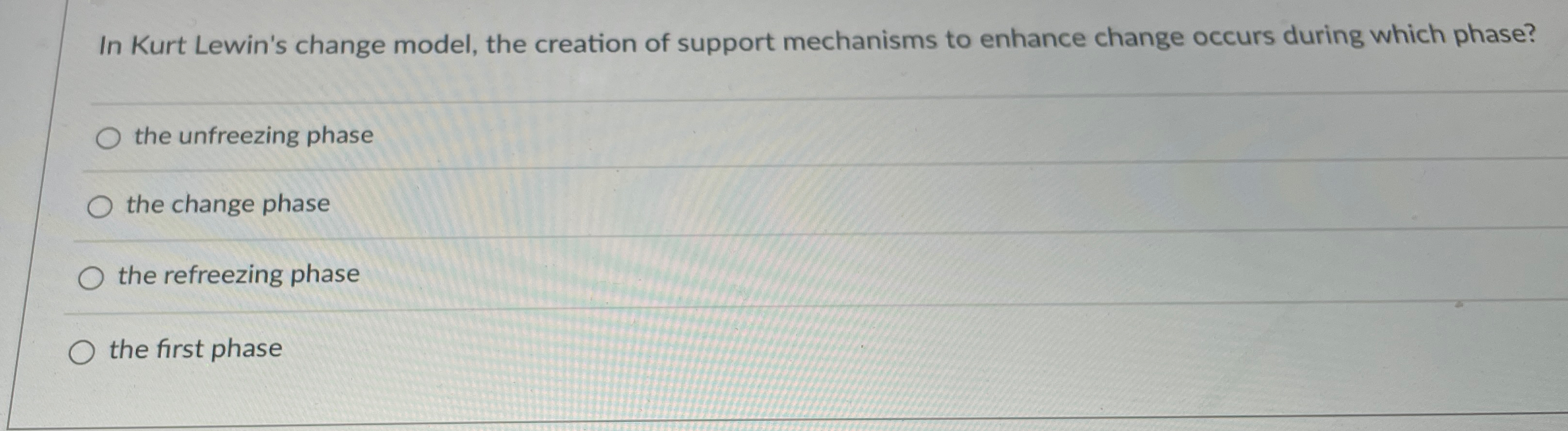 Solved In Kurt Lewin's change model, the creation of support | Chegg.com