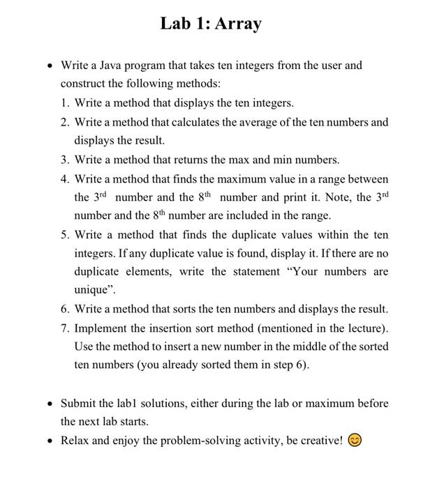 Solved Lab 1: Array • Write a Java program that takes ten | Chegg.com