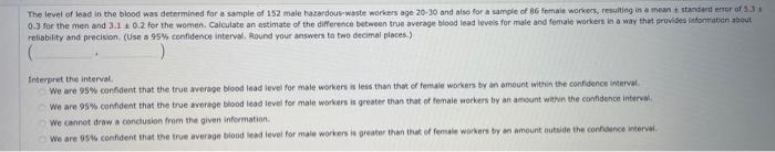 Solved The level of lead in the blood was determined for a | Chegg.com