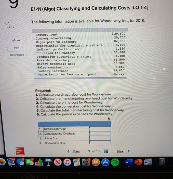 Solved E1 11 Algo Classifying And Calculating Costs Lo Chegg Com