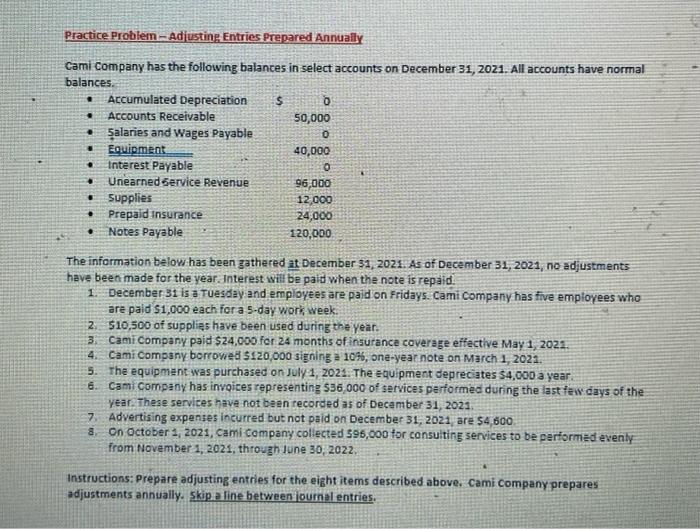 Solved Practice Problem - Adjusting Entries Prepared | Chegg.com