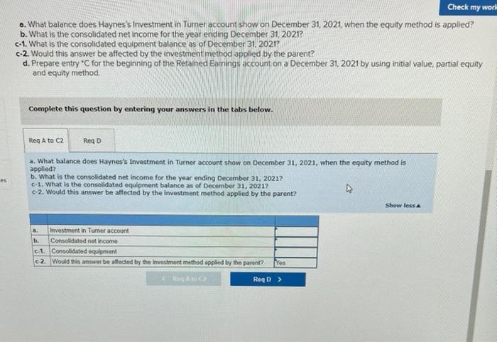 What balance does Hayness Investment in Tumer account show on December 31, 2021, when the equity method is applied?
What is
