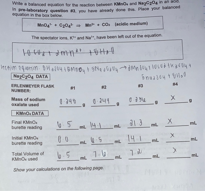 Solved Molarity Of Of Kmno4 Solution Calculations Average 6662