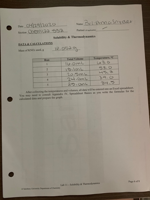 LAB 11 SOLUBILITY & THERMODYNAMICS PRE-LAB READING | Chegg.com