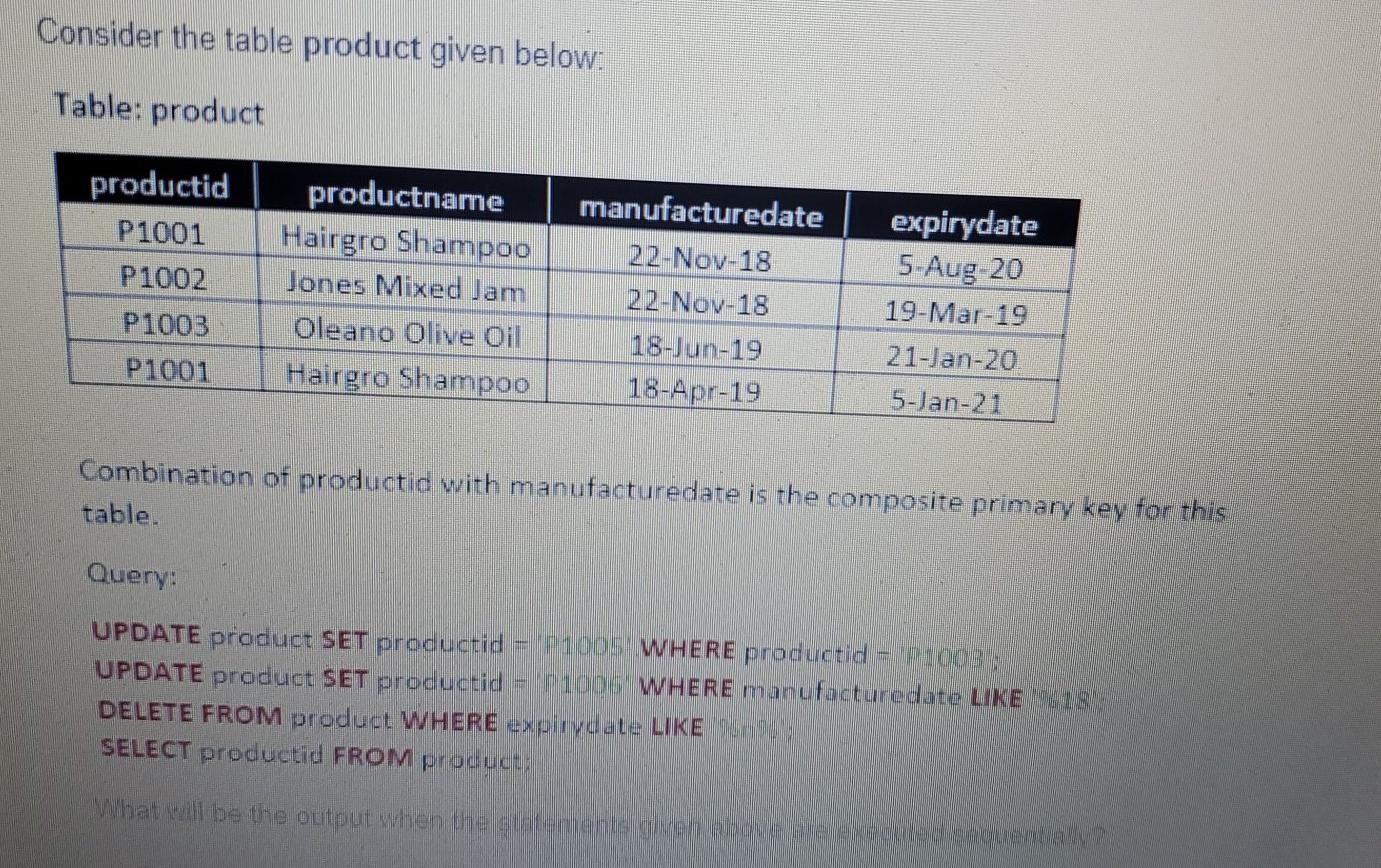 Solved Consider the table product given below: Table: | Chegg.com