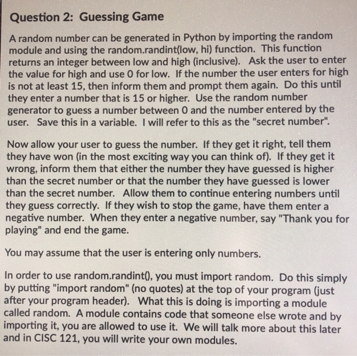 Solved Question 2: Guessing Game A random number can be | Chegg.com