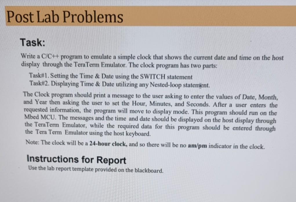Solved Post Lab Problems Task: Write a C/C++ program to | Chegg.com