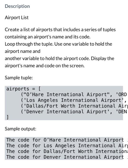 Solved Description Airport List Create a list of airports | Chegg.com