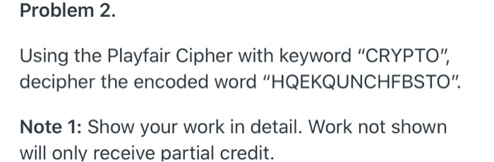 Solved Problem 2. Using the Playfair Cipher with keyword | Chegg.com