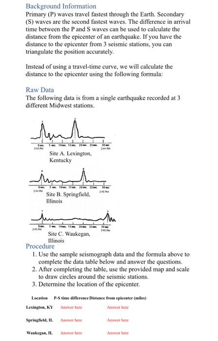 What is the formula for p- and s-waves in an earthquake?