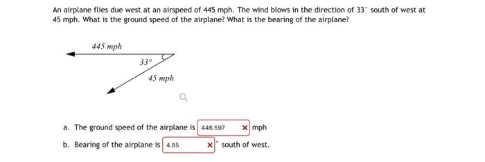 Solved An airplane flies due west at an airspeed of 445 mph. | Chegg.com