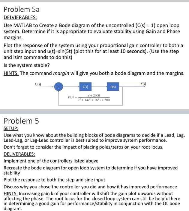 Solved Problem 5a DELVIERABLES: Use MATLAB to Create a Bode | Chegg.com