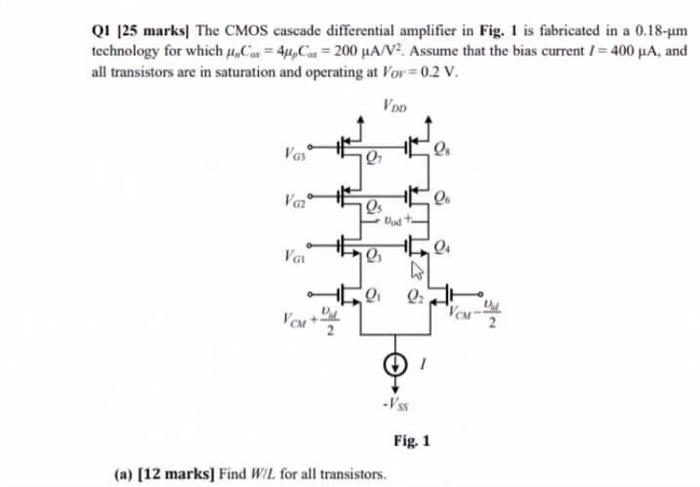 Solved QI [25 marks] The CMOS cascade differential amplifier | Chegg.com