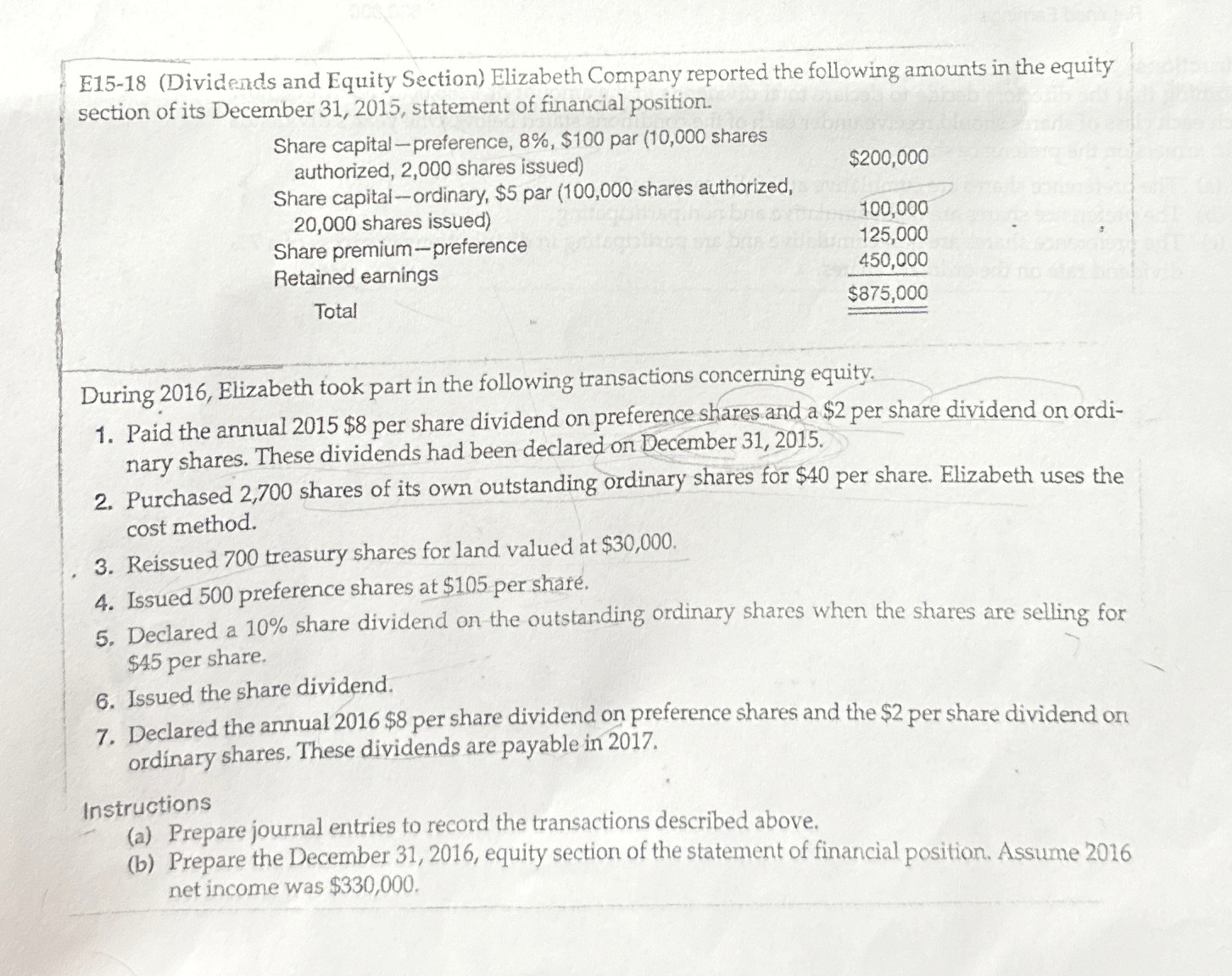 Solved E15-18 (Dividends and Equity Section) ﻿Elizabeth | Chegg.com