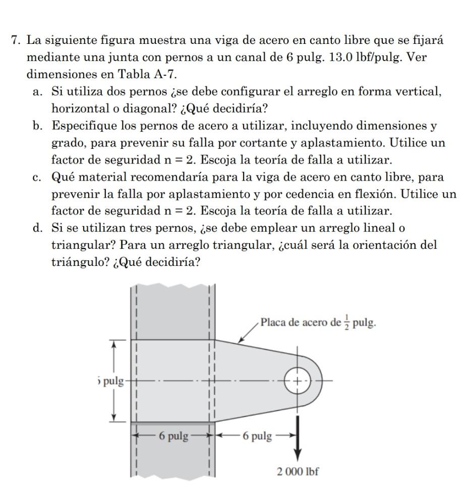 7. La siguiente figura muestra una viga de acero en canto libre que se fijará mediante una junta con pernos a un canal de 6 p