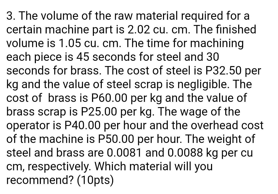 Solved 3. The volume of the raw material required for a