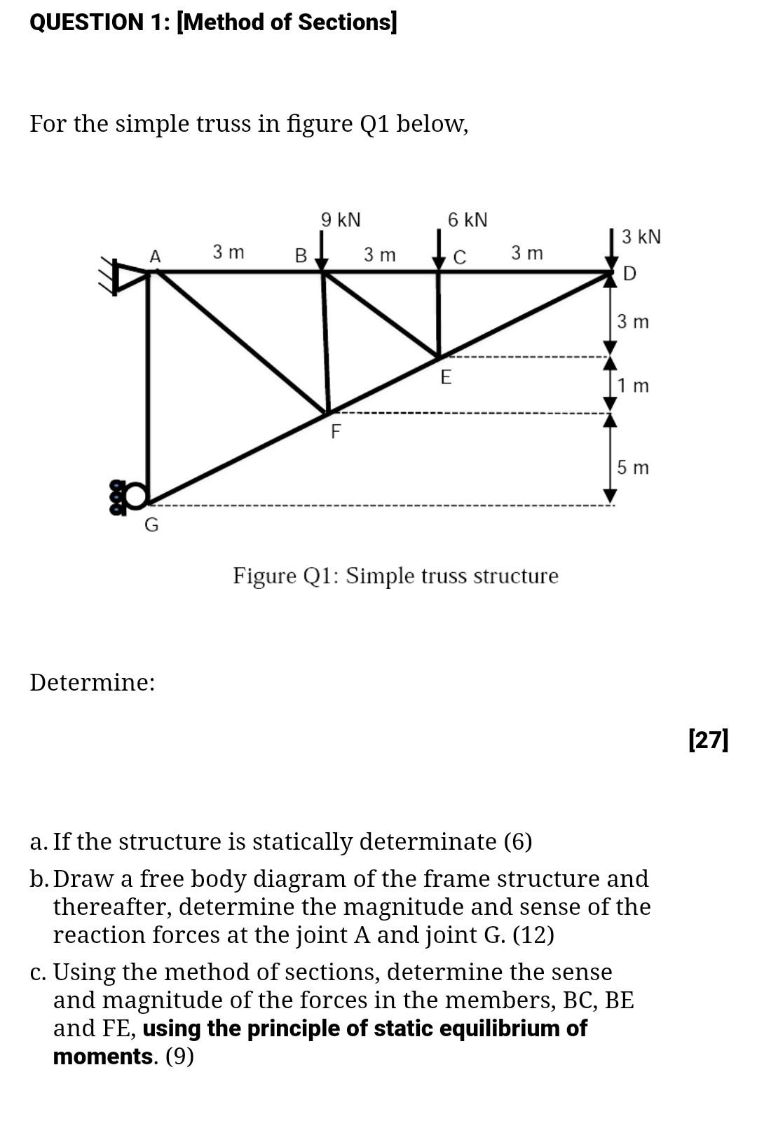 Solved QUESTION 1: [Method of Sections] For the simple truss | Chegg.com