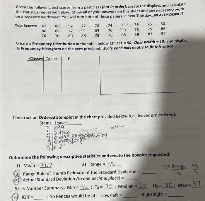 Solved Given the following test scores from a past class | Chegg.com