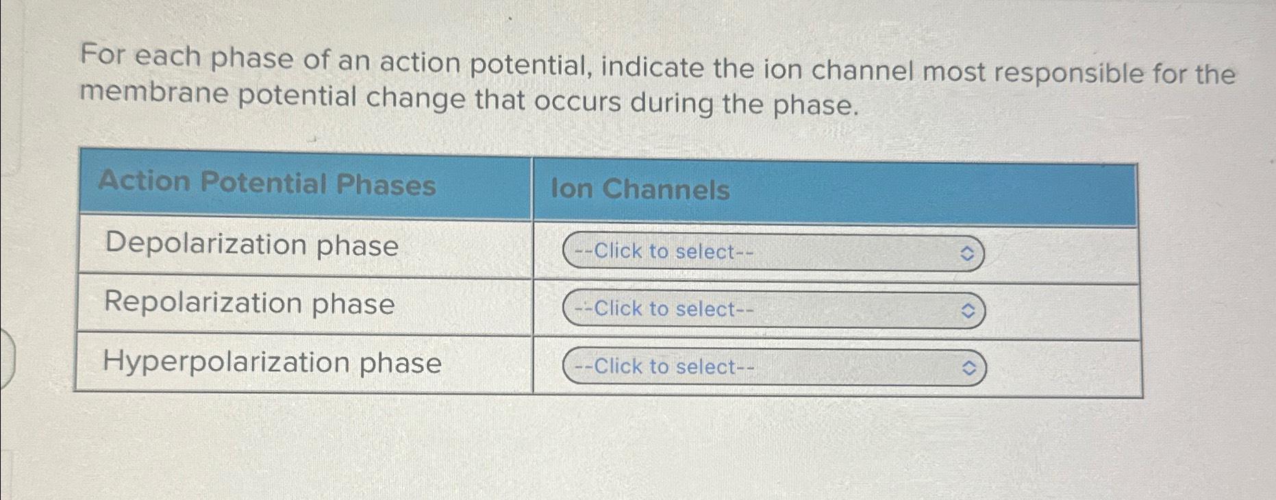 Solved For each phase of an action potential, indicate the | Chegg.com