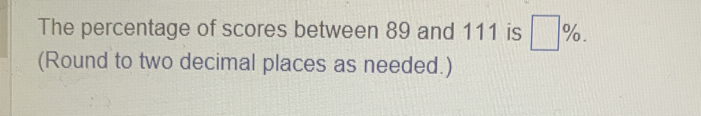 Solved The percentage of scores between 89 ﻿and 111 ﻿is | Chegg.com