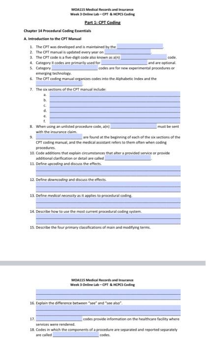 Solved Part 1=CPT Coding Chapter 14 Procedural Coding | Chegg.com